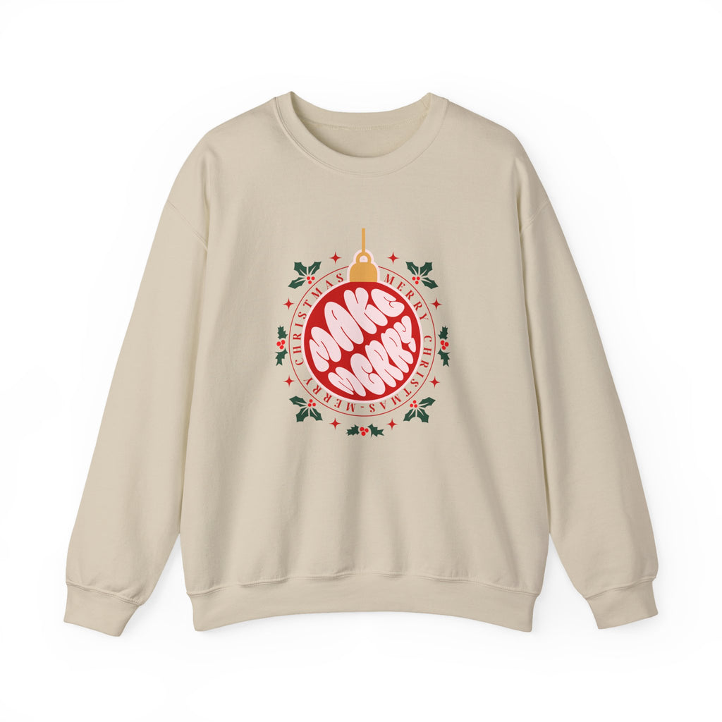 Christmas Sweatshirt Make Merry ornament design | Merry Christmas holly wreath, festive typography
