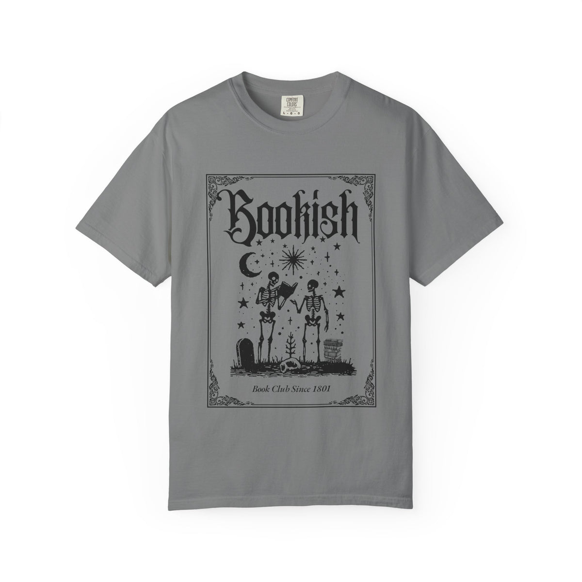 Bookish Skeletons Comfort Colors Tshirt | Gothic book lover tee, occult reading design