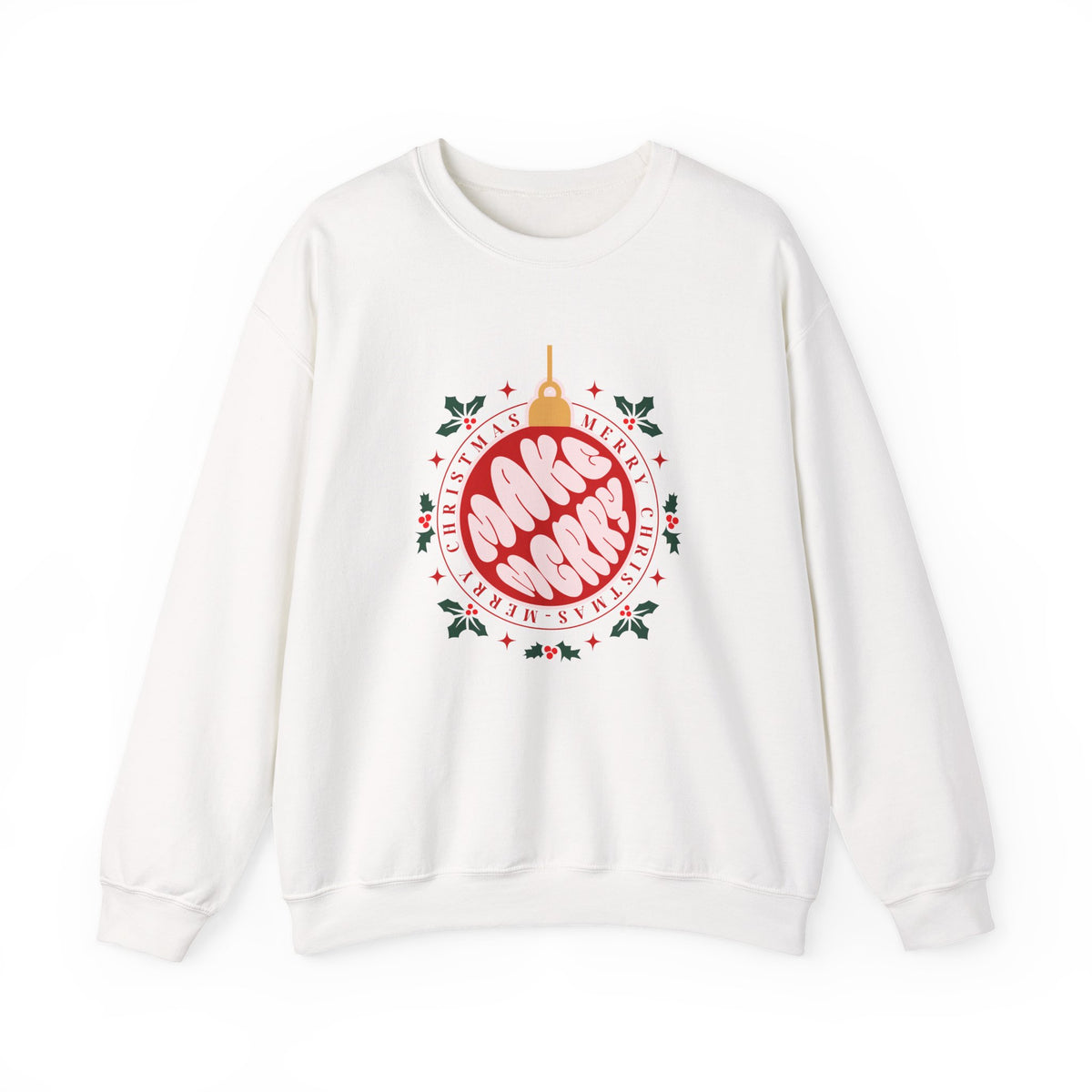 Christmas Sweatshirt Make Merry ornament design | Merry Christmas holly wreath, festive typography