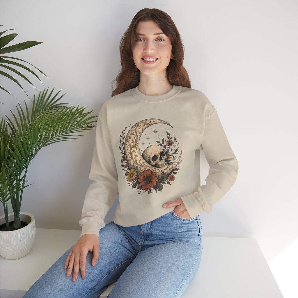 Skull Crescent Moon Floral Sweatshirt | Gothic Boho Moon Skull