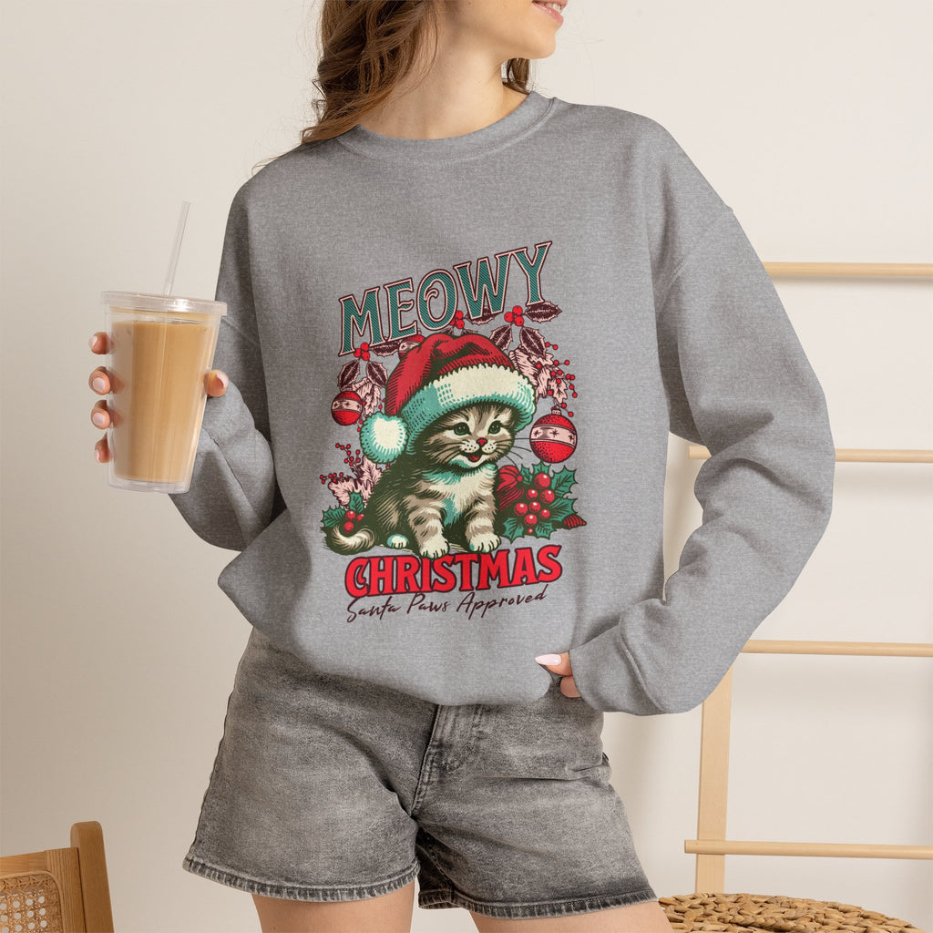 Christmas Sweatshirt Cat| Retro Holiday Kitty, Santa Hat, Ornaments Meowy Christmas
