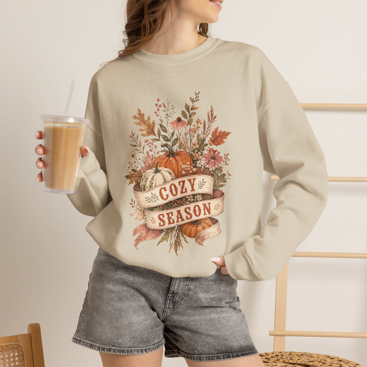 Cozy Season Fall Pumpkin Floral Crewneck Sweatshirt | Autumn Sweater