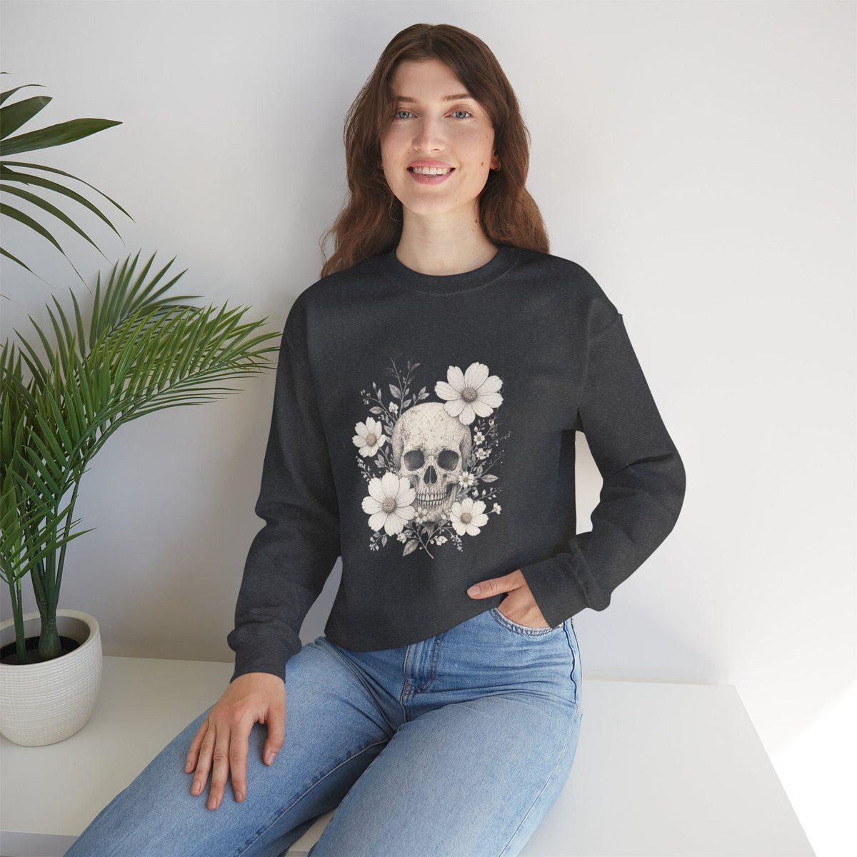 Moody Edgy Floral Skull Crewneck Sweatshirt | Botanical Skull Design Gothic Halloween Dark Romantic