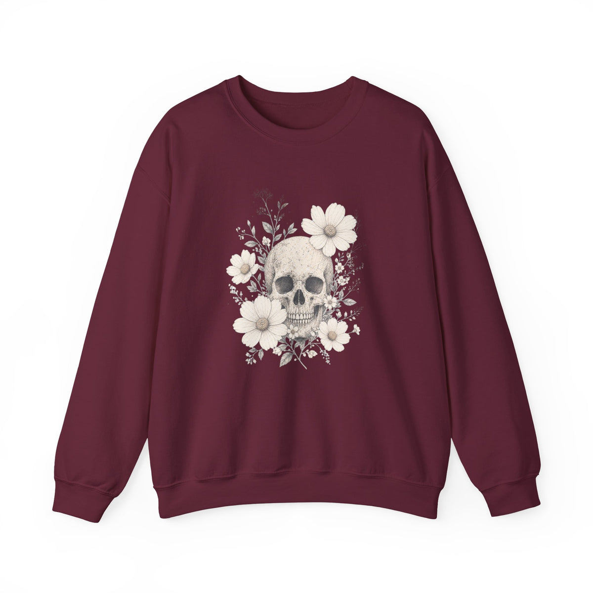 Moody Edgy Floral Skull Crewneck Sweatshirt | Botanical Skull Design Gothic Halloween Dark Romantic