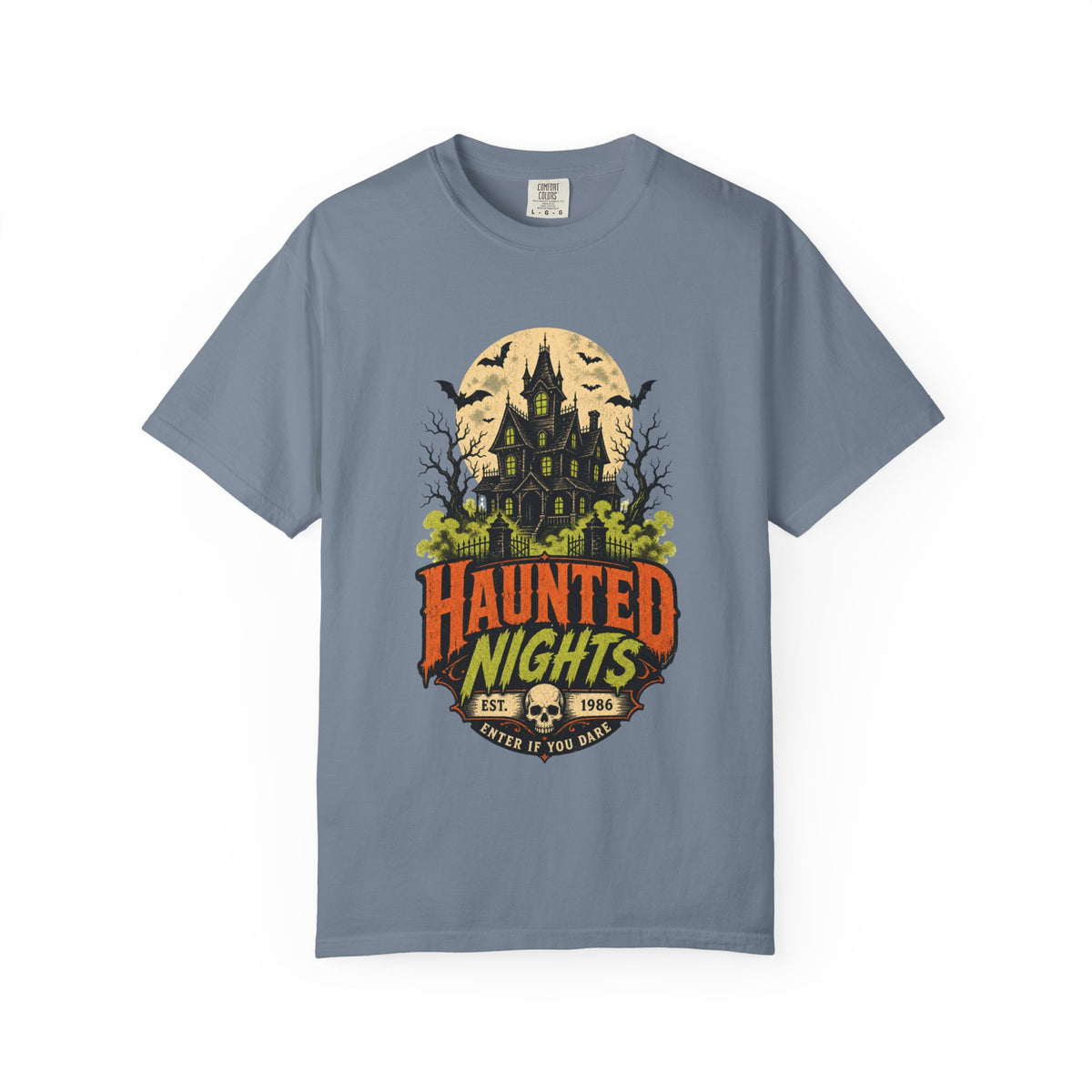 Haunted Nights haunted house T-shirt | Halloween spooky bats moon