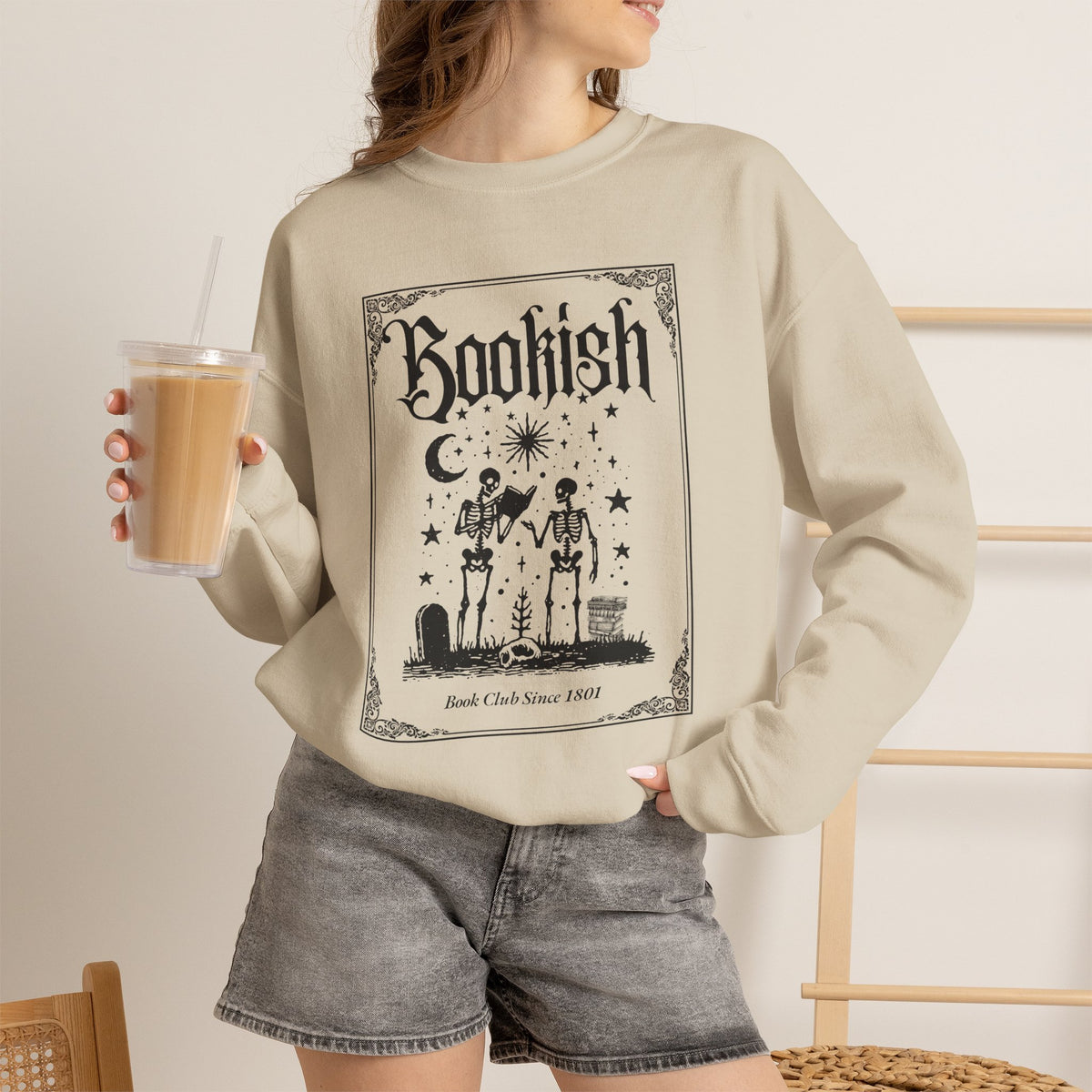 Bookish Halloween Skeletons Illustration Crewneck Sweatshirt | Witchy Reading Graphic