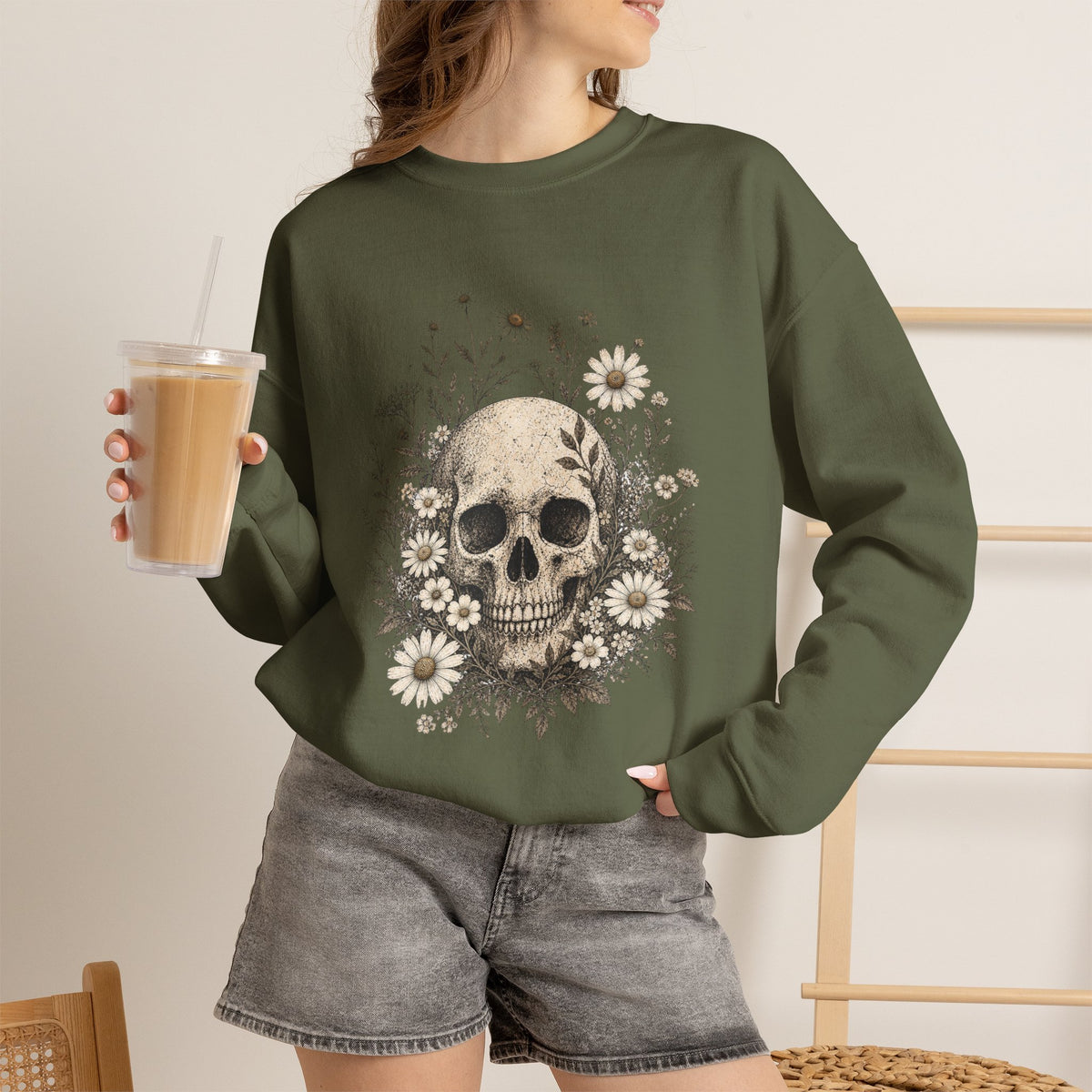 Skull with Daisies Crewneck Sweatshirt | Floral Fall Autumn Halloween Gothic Sweatshirt