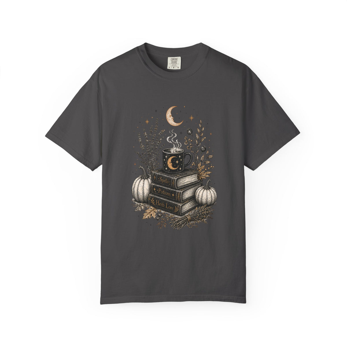 Cozy Fall Book Stack with Moon Coffee Mug T-shirt | Autumn Pumpkin Floral