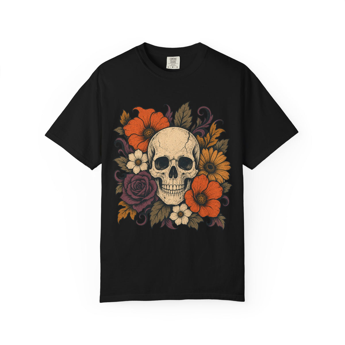Skull with Autumn Flowers Comfort Colors T-shirt | Floral Skull Tee