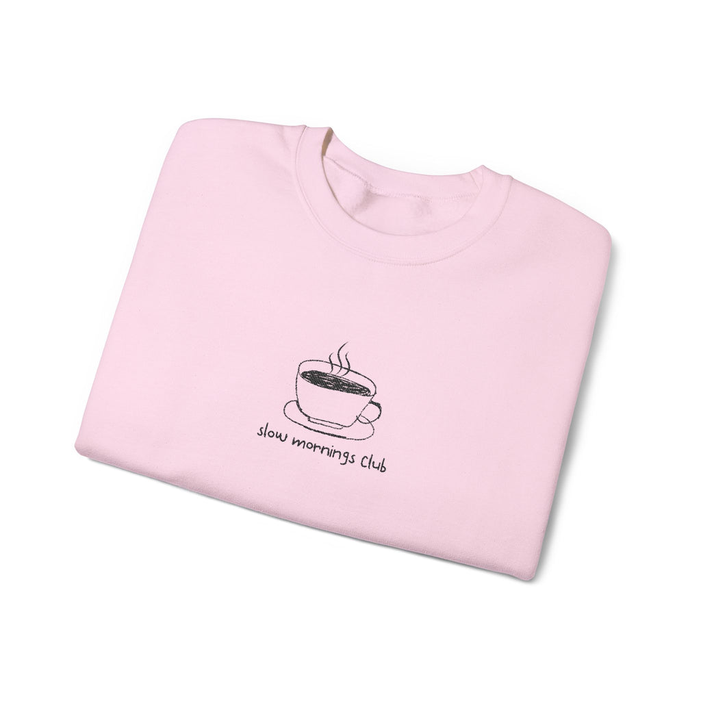 Embroidered Sweatshirt Coffee Mug | Hand-Drawn Coffee Cup Slow Mornings Club Crewneck Minimalist Design