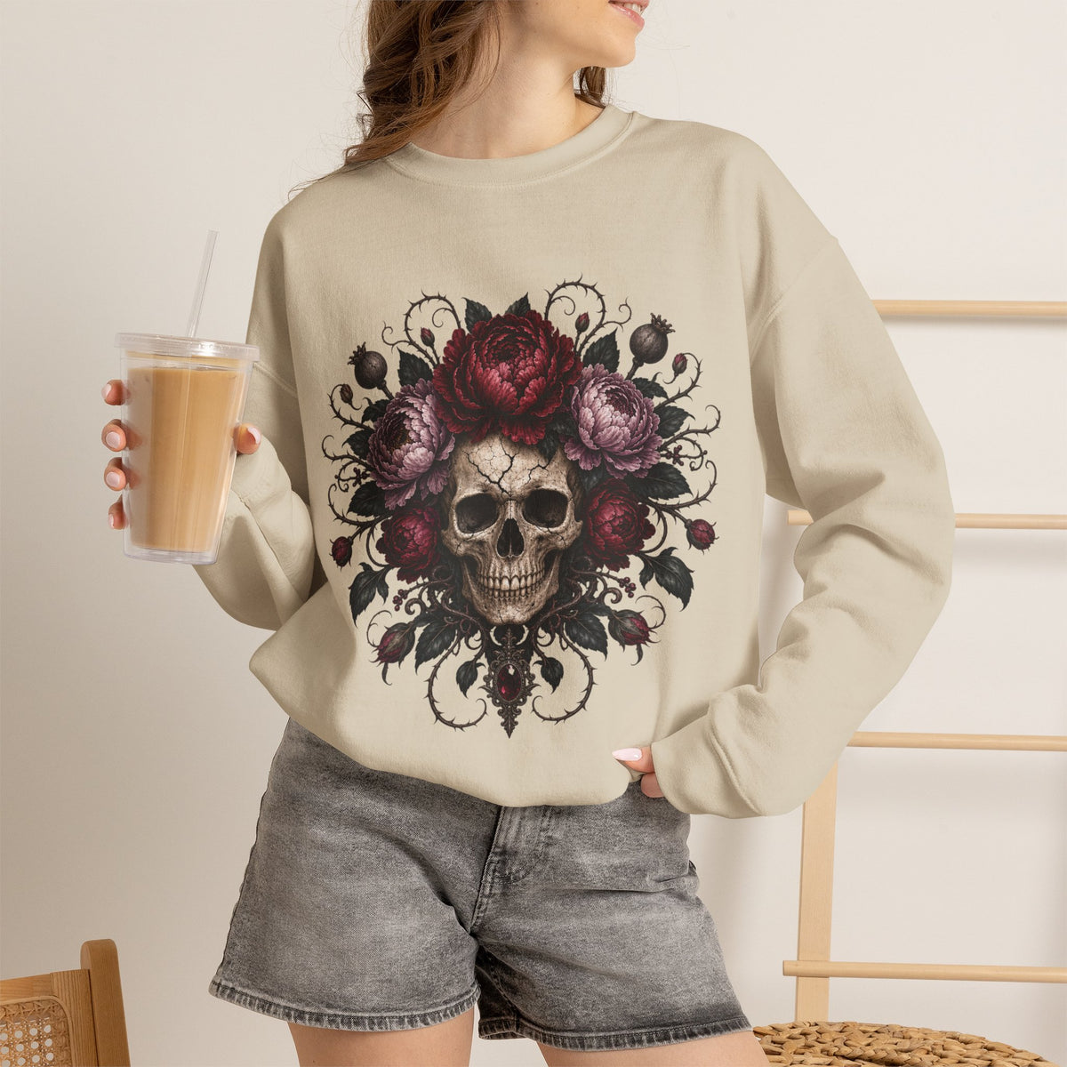Floral Skull Crewneck Sweatshirt | Gothic Rose Skull Design
