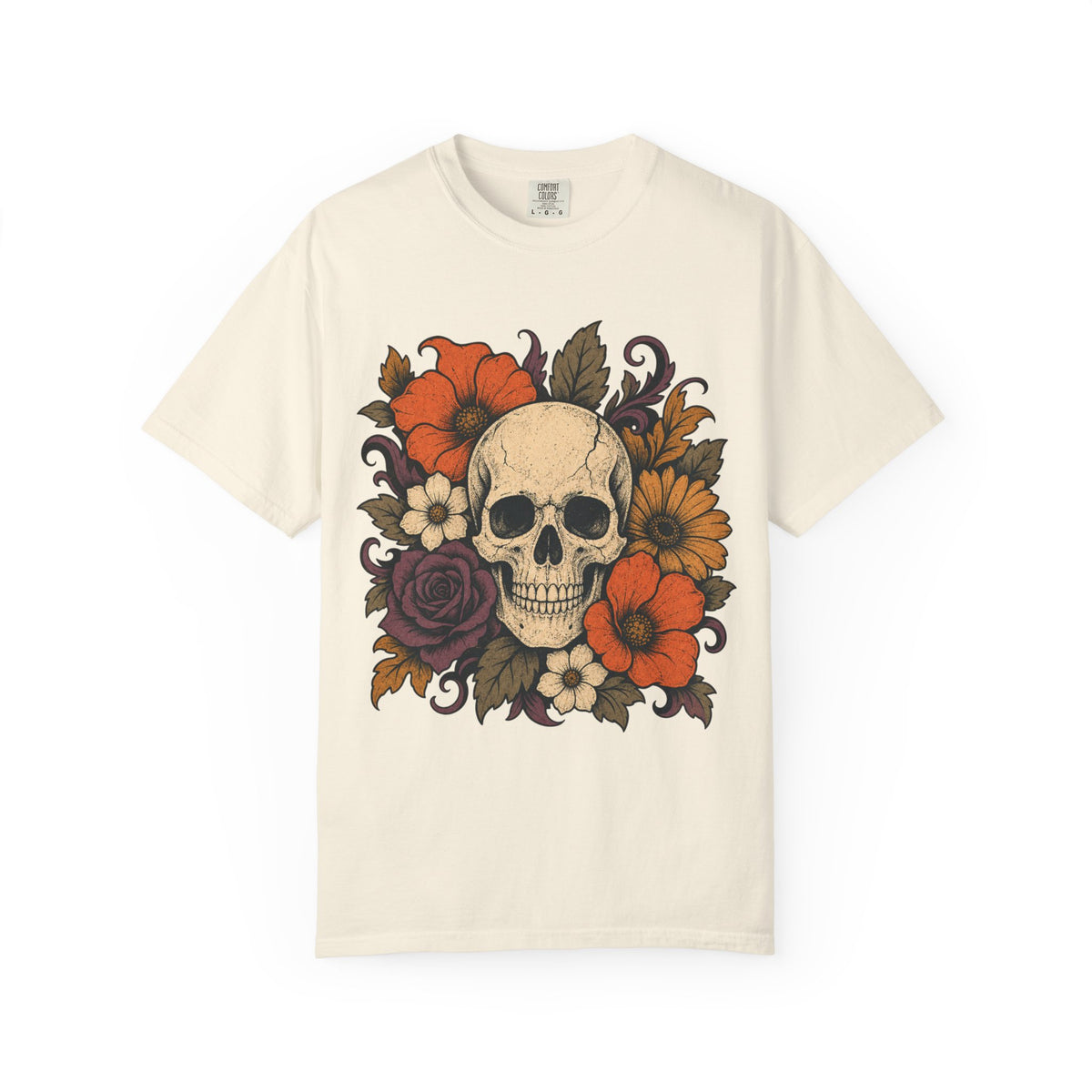 Skull with Autumn Flowers Comfort Colors T-shirt | Floral Skull Tee