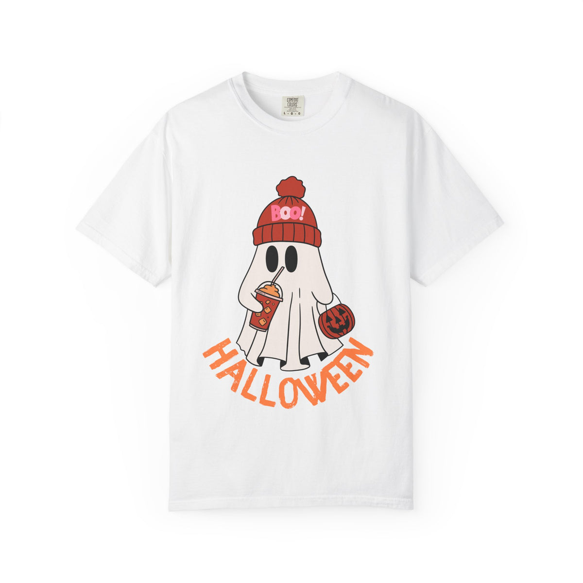 Cute Ghost Wearing BOO Beanie Halloween Comfort Colors T-shirt | Trick or Treat Pumpkin coffee Illustration