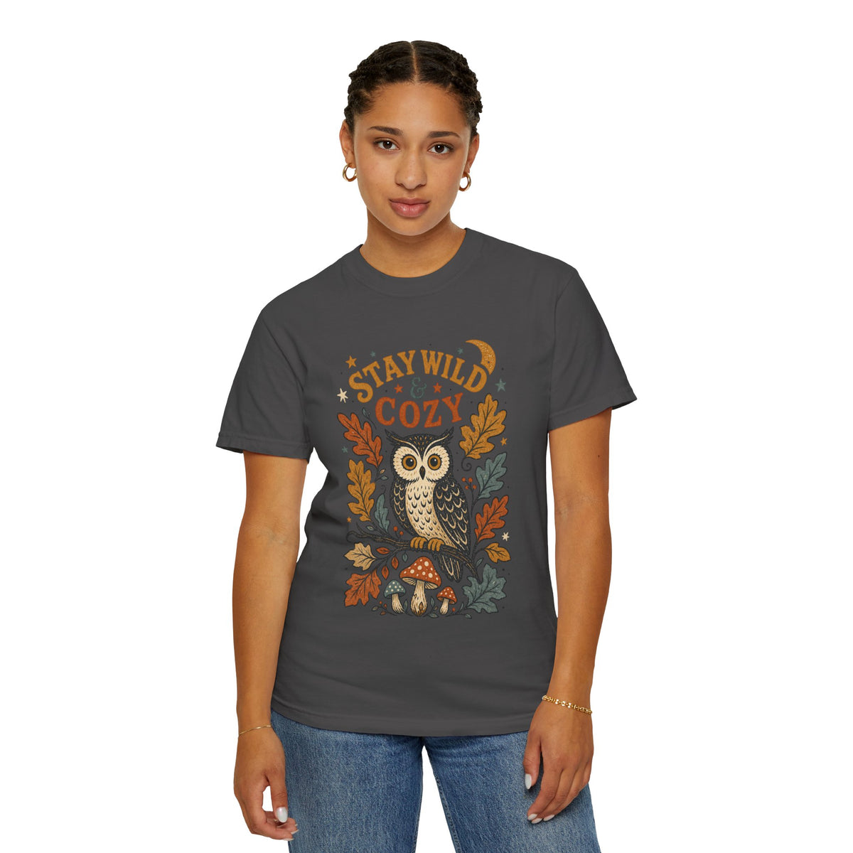 Stay Wild & Cozy Owl Illustration Comfort Colors T-Shirt | Autumn Leaves, Mushroom