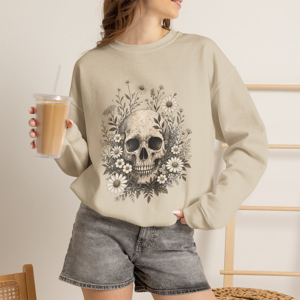 Skull with Daisies Crewneck Sweatshirt | Floral Fall Autumn Halloween Gothic Sweatshirt