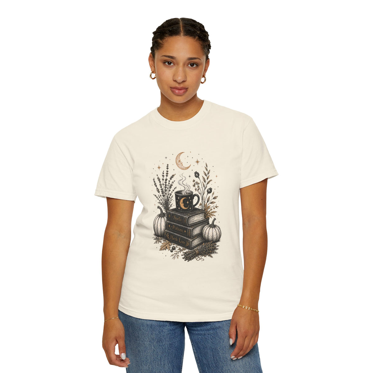 Cozy Fall Book Stack with Moon Coffee Mug T-shirt | Autumn Pumpkin Floral