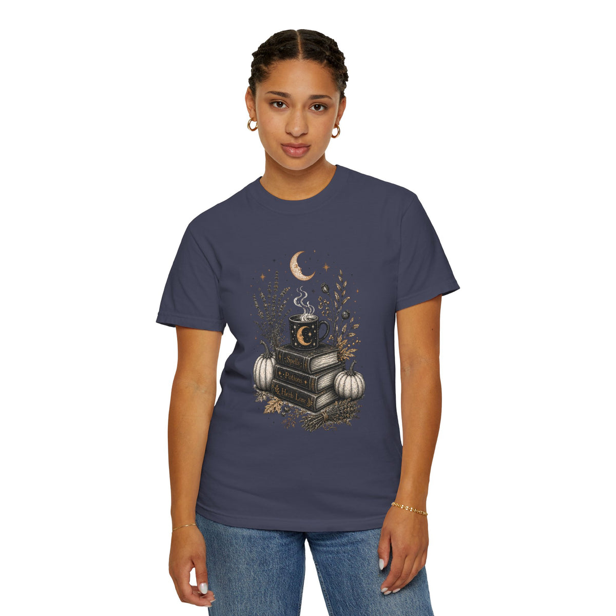 Cozy Fall Book Stack with Moon Coffee Mug T-shirt | Autumn Pumpkin Floral