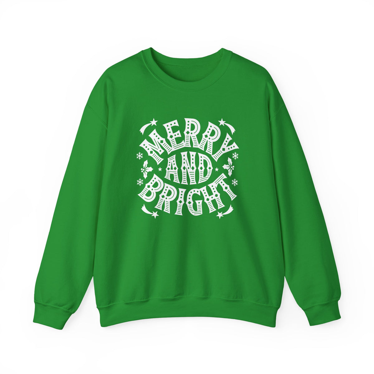 Christmas Sweatshirt Merry and Bright | Vintage Style Typography Holiday Crewneck Snowflakes Stars