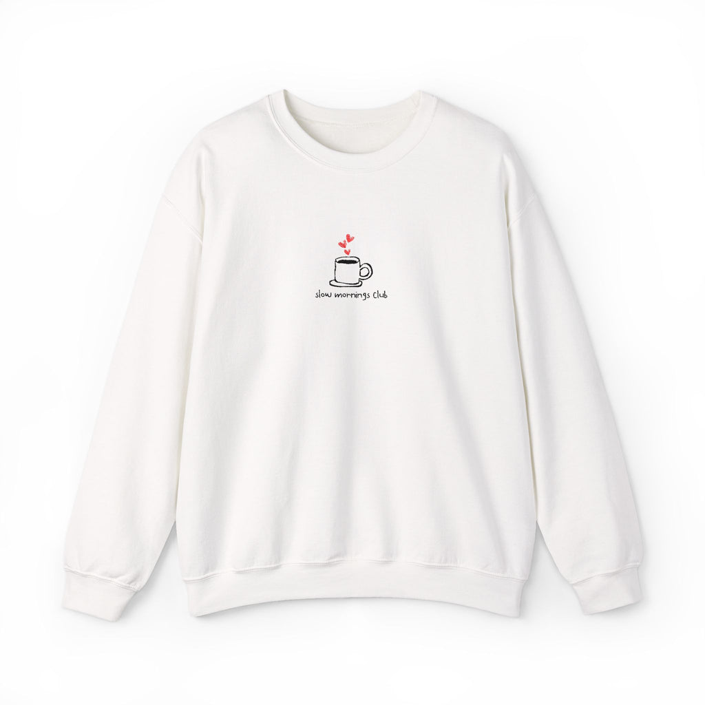 Embroidered Sweatshirt Coffee Lovers— Slow Mornings Club Coffee Cup Hearts Minimalist Design