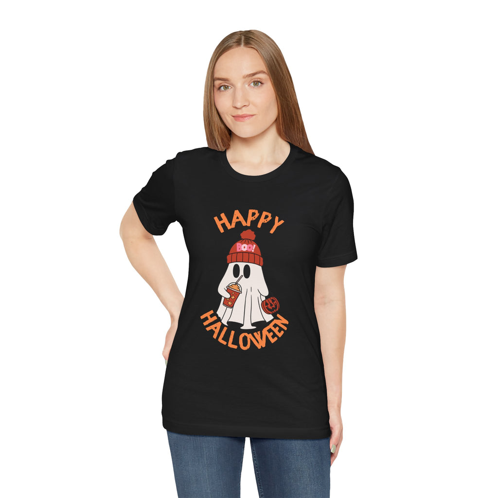 Cute Ghost Wearing Beanie Happy Halloween Tee | Halloween Shirt