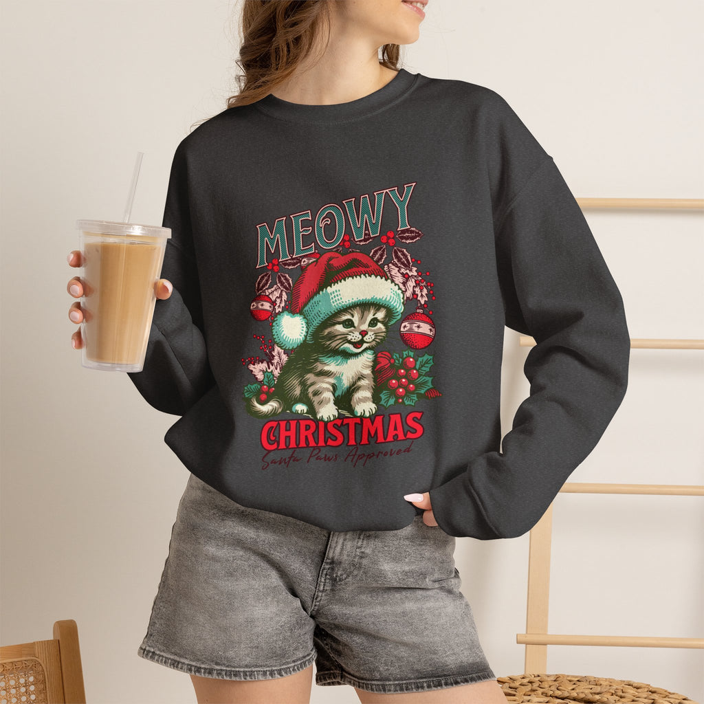 Christmas Sweatshirt Cat| Retro Holiday Kitty, Santa Hat, Ornaments Meowy Christmas