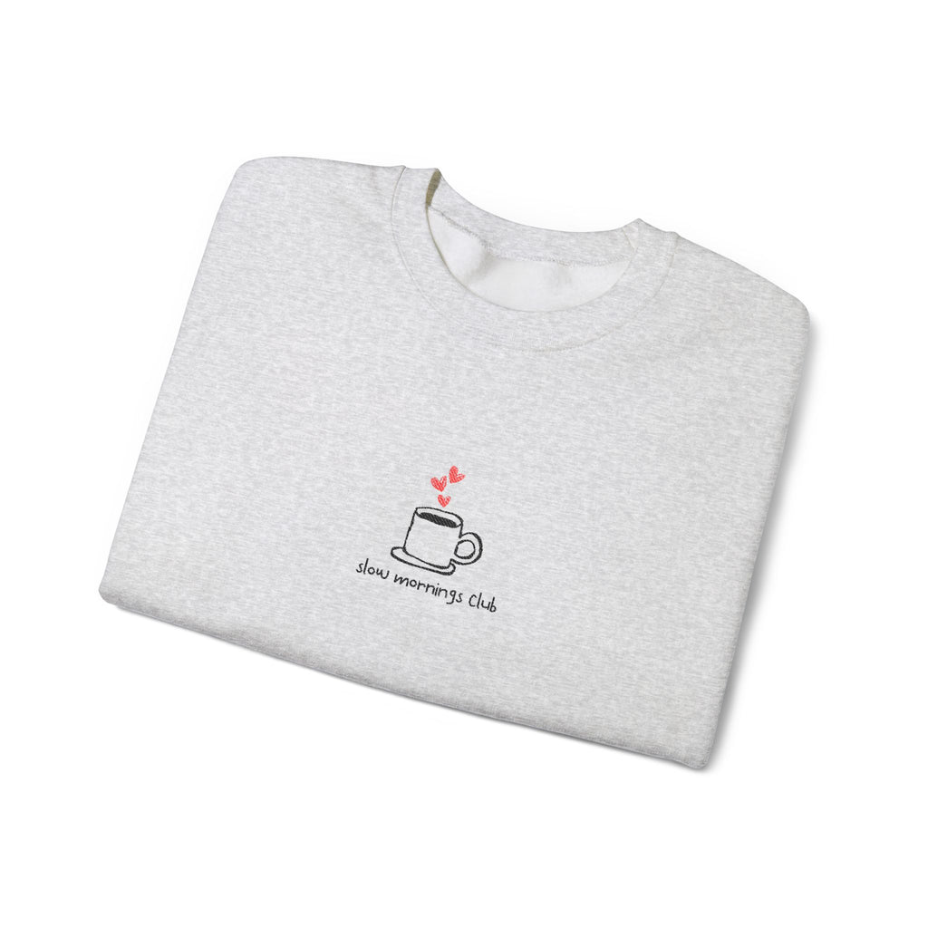 Embroidered Sweatshirt Coffee Lovers— Slow Mornings Club Coffee Cup Hearts Minimalist Design