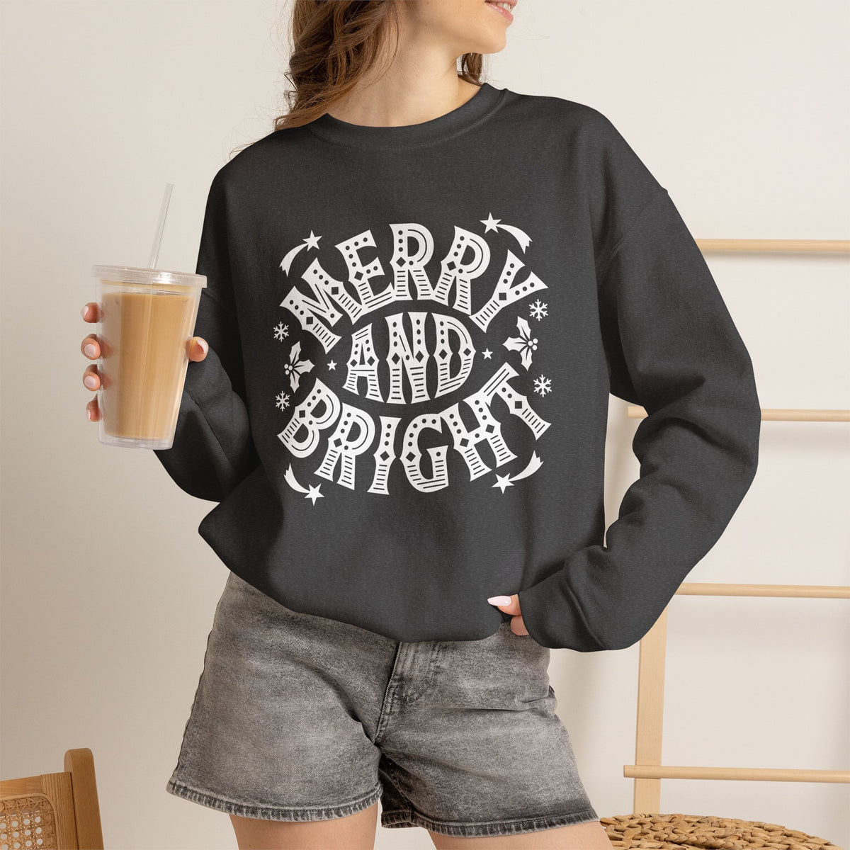 Christmas Sweatshirt Merry and Bright | Vintage Style Typography Holiday Crewneck Snowflakes Stars