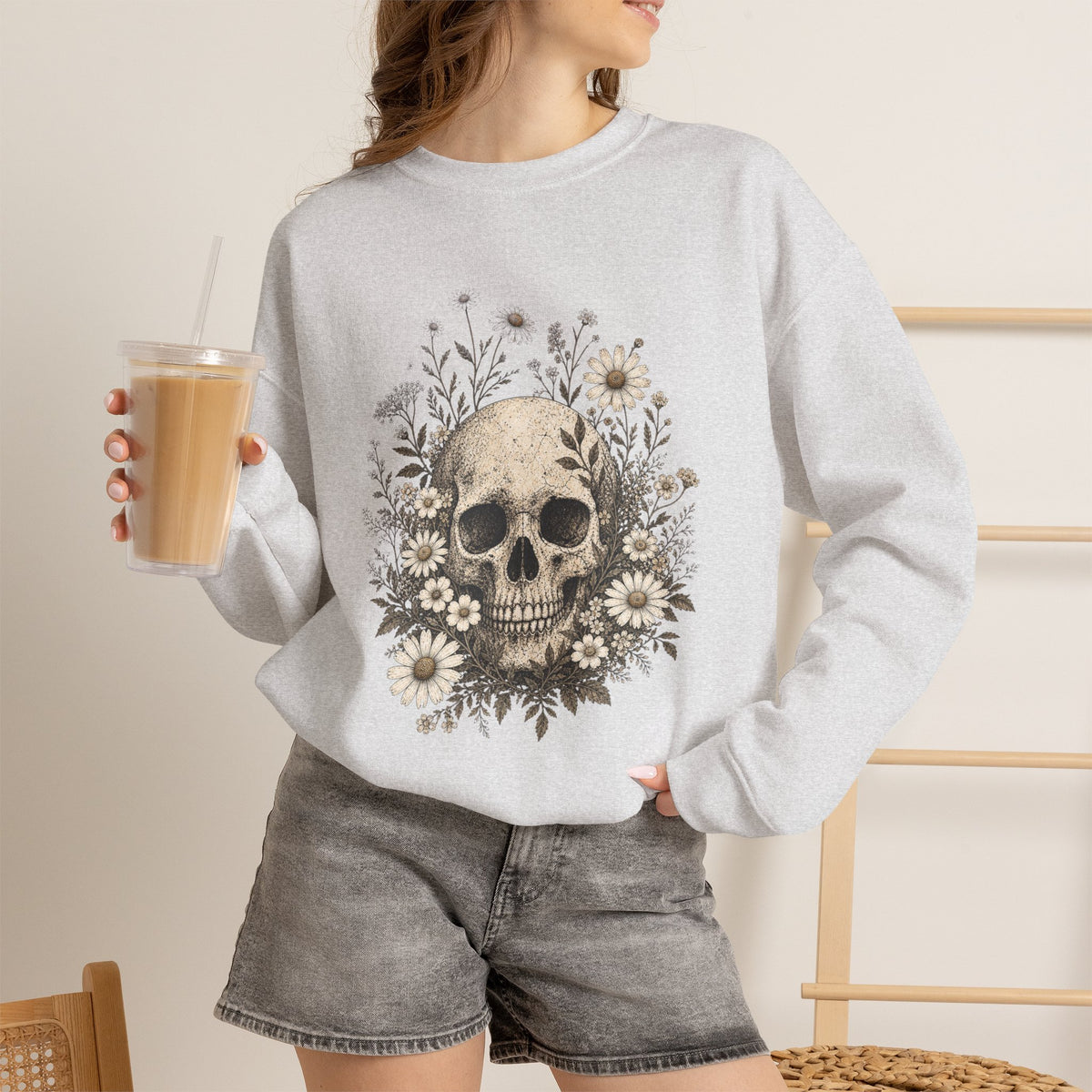 Skull with Daisies Crewneck Sweatshirt | Floral Fall Autumn Halloween Gothic Sweatshirt