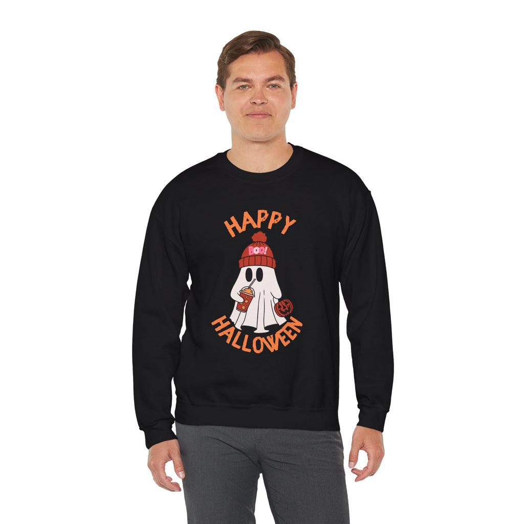Happy Halloween Ghost Crewneck Sweatshirt | Cute Ghost with Pumpkin and drink