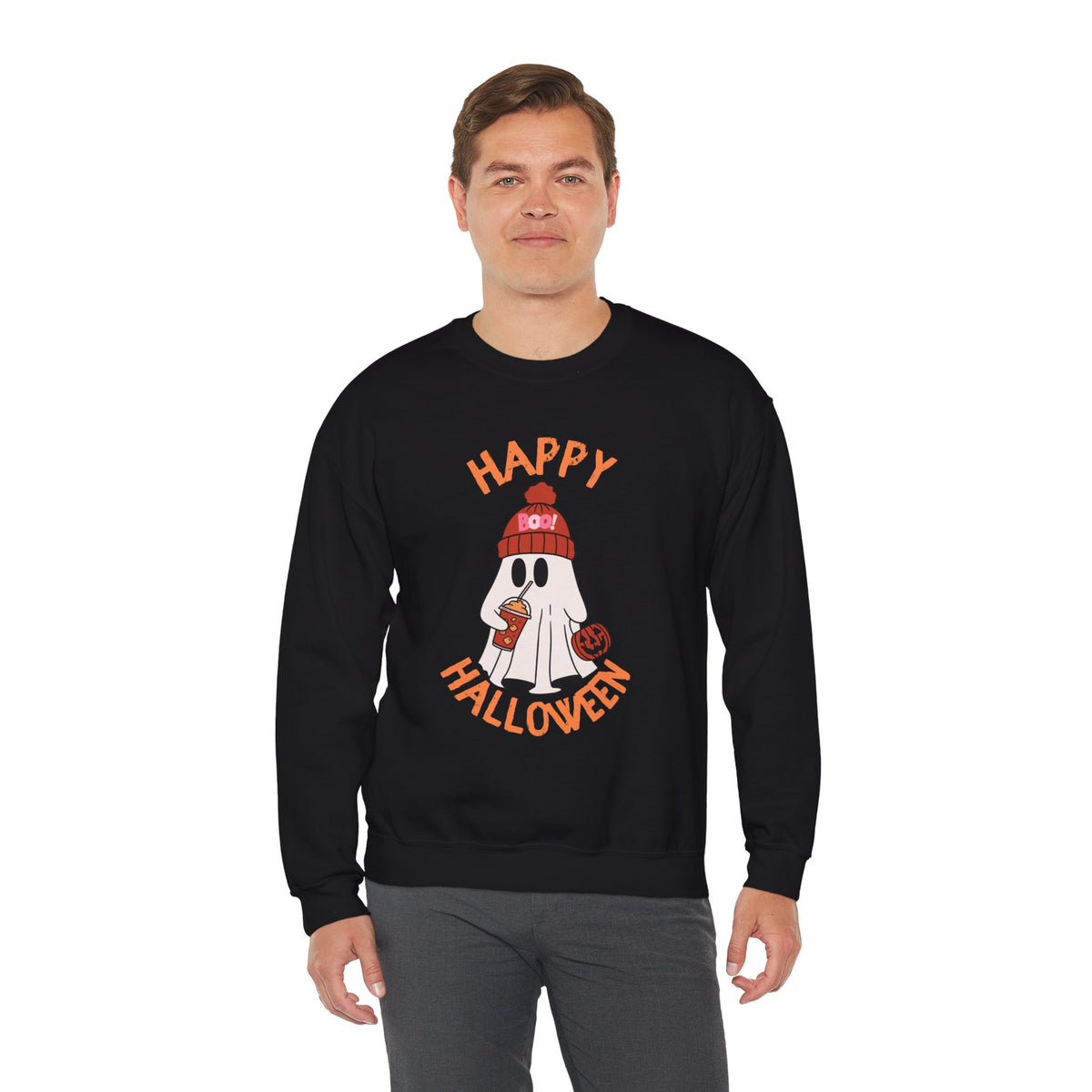 Happy Halloween Ghost Crewneck Sweatshirt | Cute Ghost with Pumpkin and drink