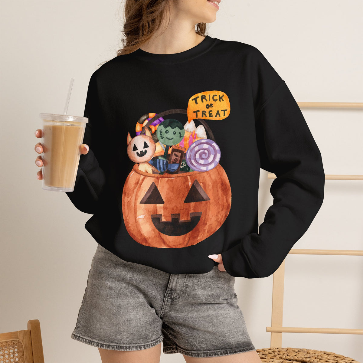 Halloween Pumpkin Candy Crewneck Sweatshirt — Trick or Treat Jack-O-Lantern Design