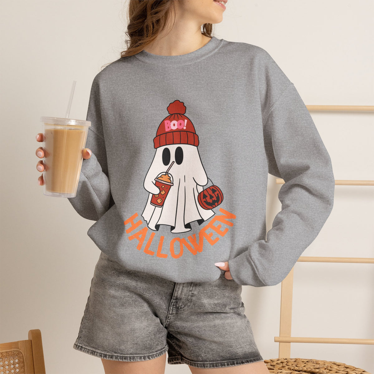 Cute Ghost wearing BOO beanie with iced coffee and trick or treat pumpkin Halloween Sweatshirt