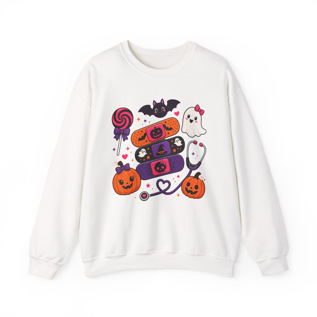 Nurse Halloween Sweatshirt Pediatrics Candy Bandaids Stethoscope Pumpkin Ghosts Bat | Medical Cute