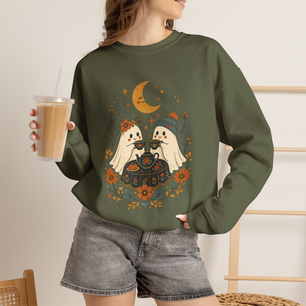 Autumn Cute Halloween Ghost Couple Sweatshirt | Moon Fall Floral Illustration