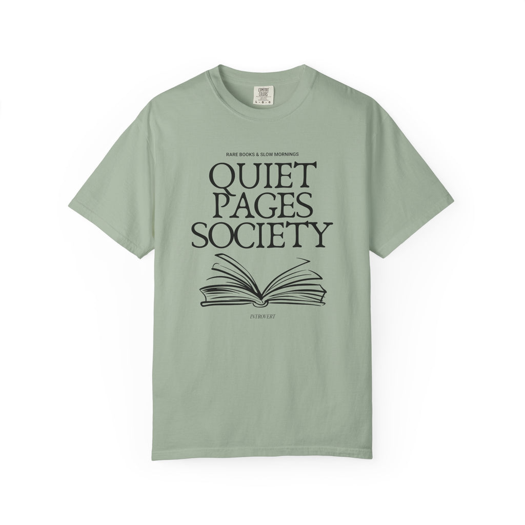 Quiet Pages Society Comfort Colors T-shirt | Open Book Illustration, Literary Reading Club Tee