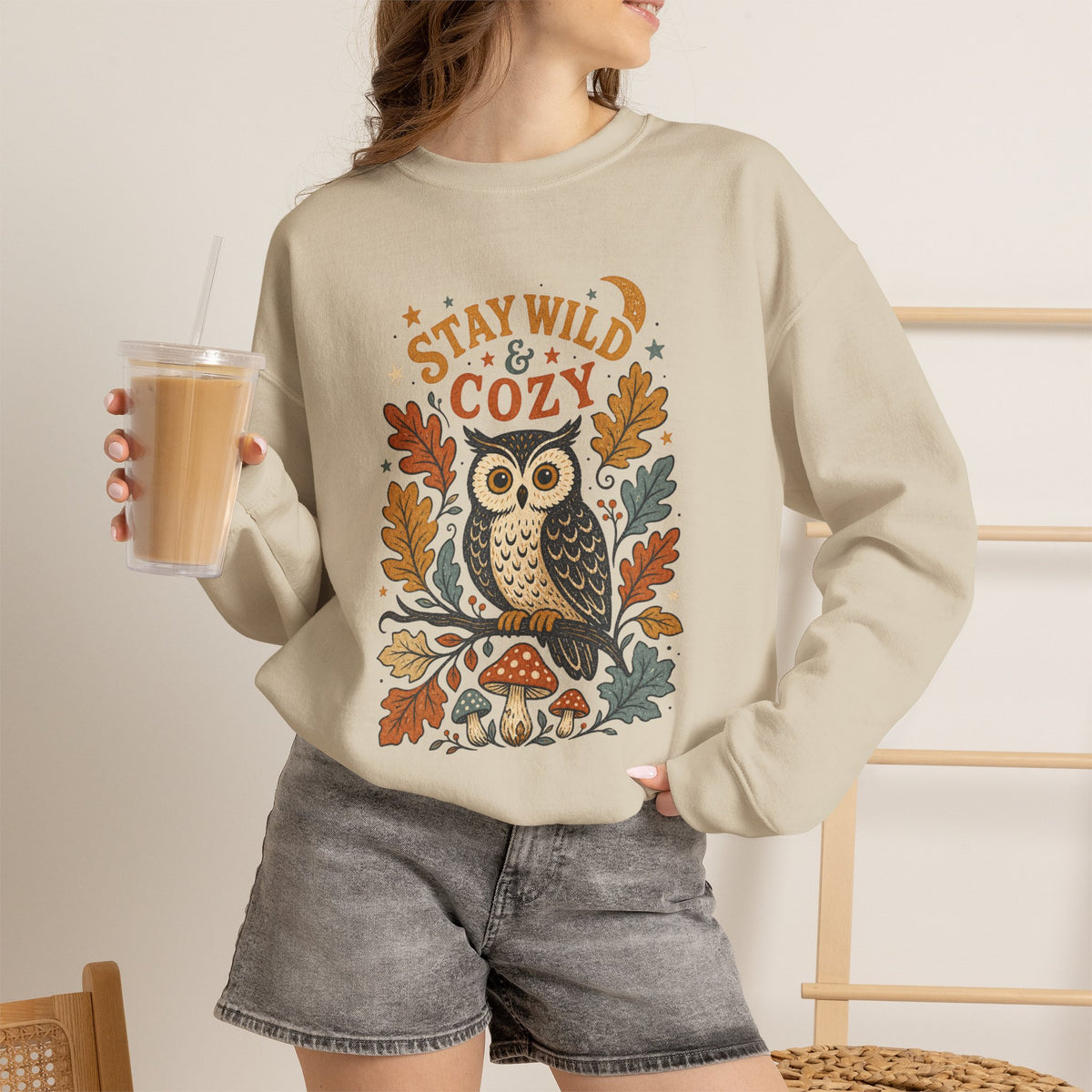 Stay Wild & Cozy Owl Sweatshirt | Autumn Leaves, Mushrooms