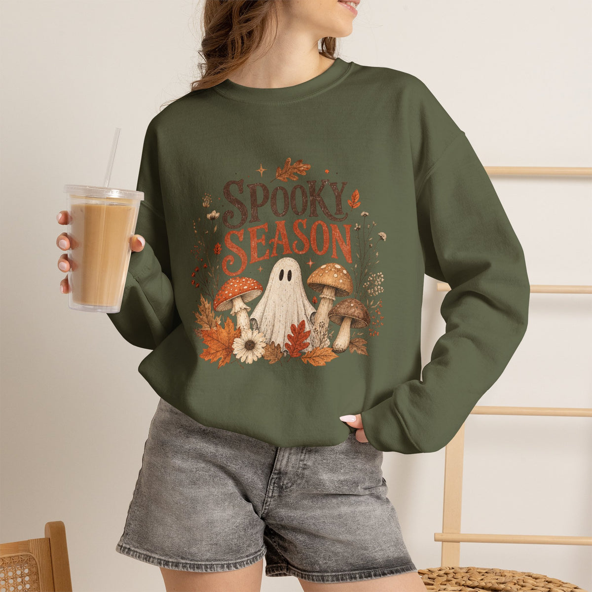 Spooky Season ghost mushrooms autumn leaves sweatshirt | Halloween fall