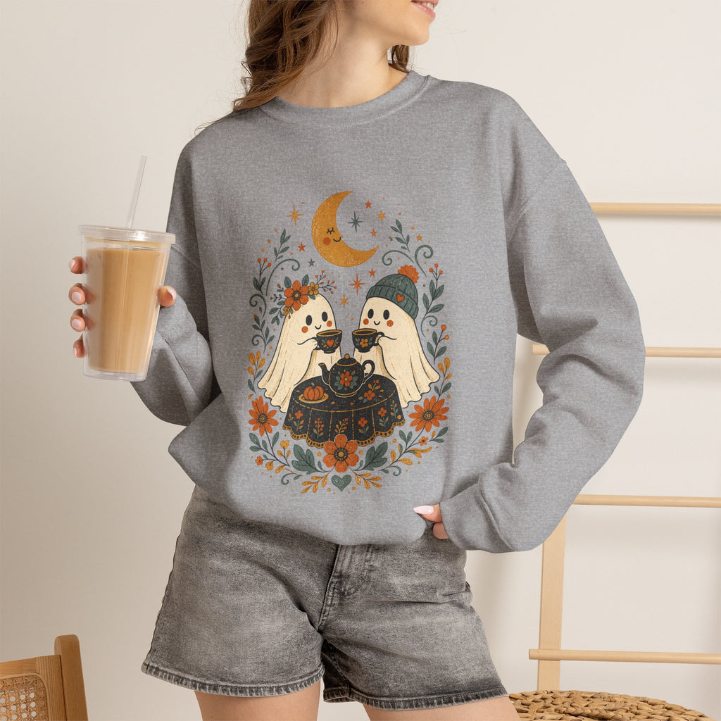 Autumn Cute Halloween Ghost Couple Sweatshirt | Moon Fall Floral Illustration