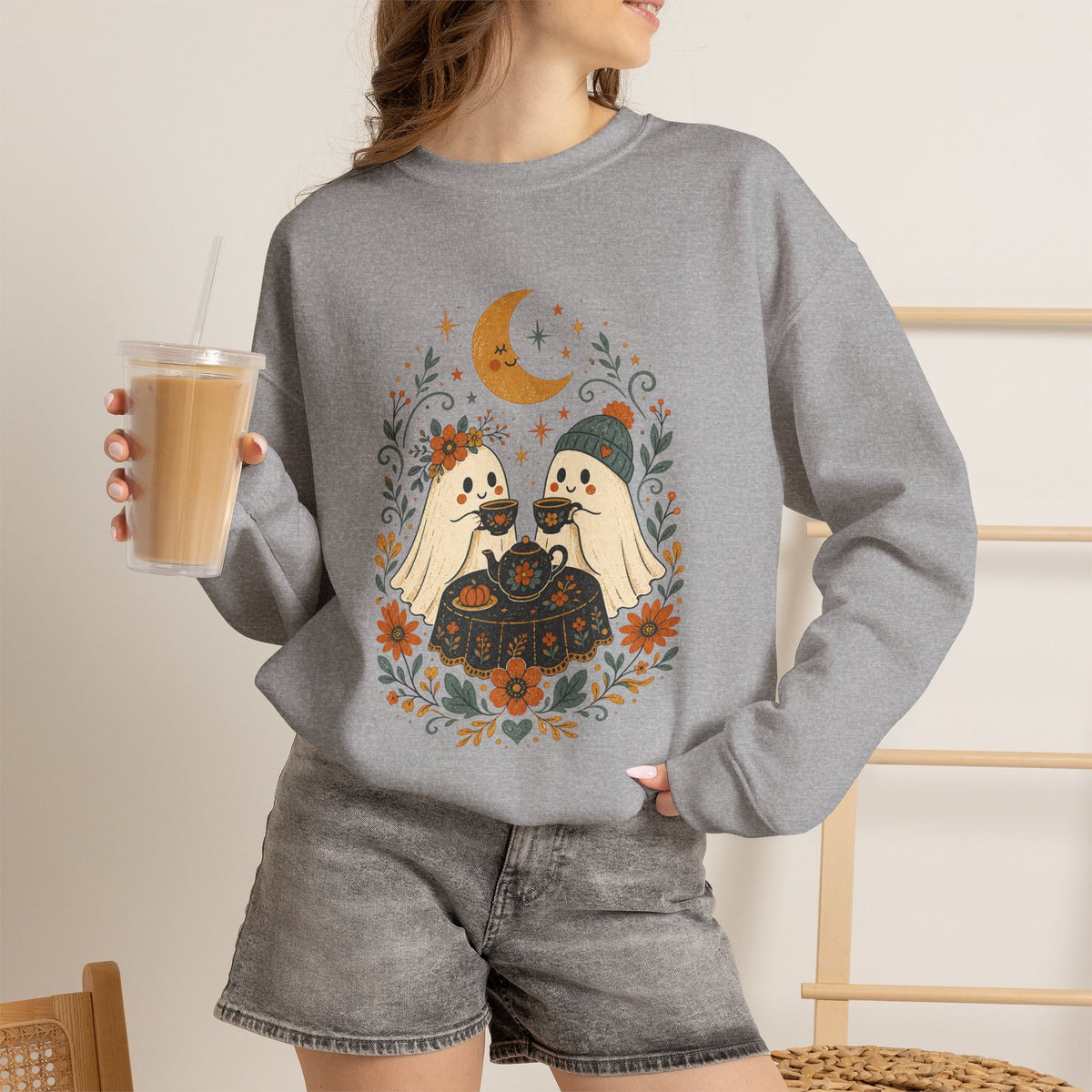 Autumn Cute Halloween Ghost Couple Sweatshirt | Moon Fall Floral Illustration