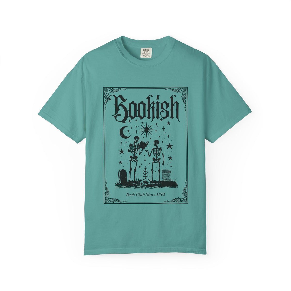 Bookish Skeletons Comfort Colors Tshirt | Gothic book lover tee, occult reading design