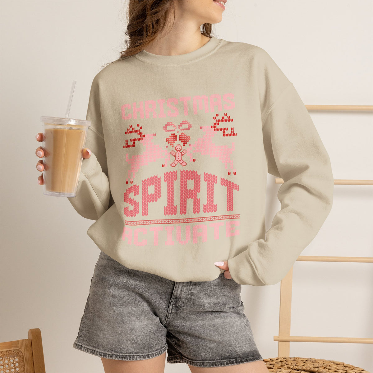 Christmas Sweatshirt Retro Pixel Reindeer Design | Christmas Spirit Activate Crewneck