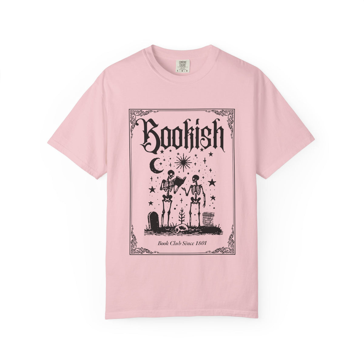 Bookish Skeletons Comfort Colors Tshirt | Gothic book lover tee, occult reading design