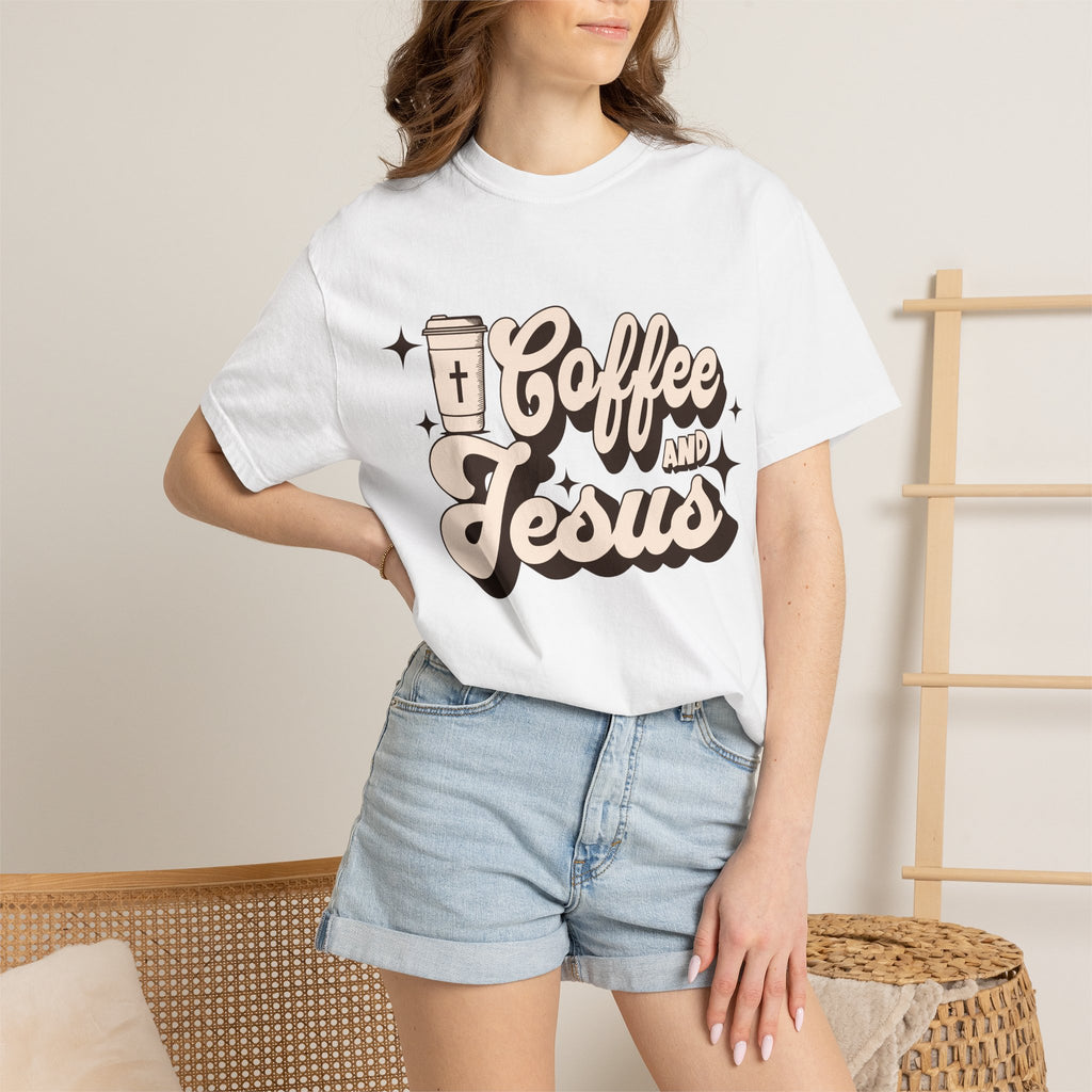 Coffee and Jesus T-shirt | Christian Retro Script Design COMFORT COLORS