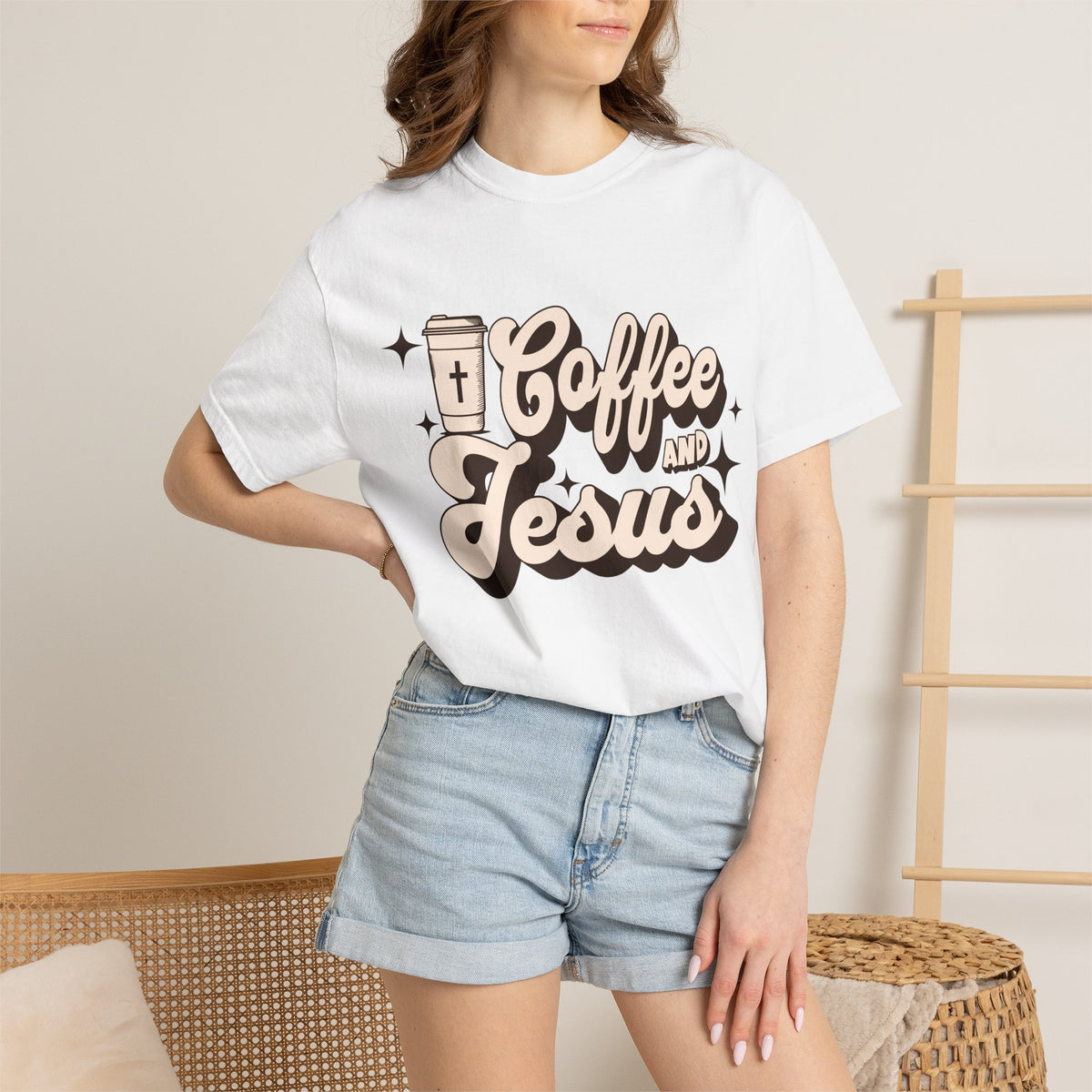 Coffee and Jesus T-shirt | Christian Retro Script Design COMFORT COLORS