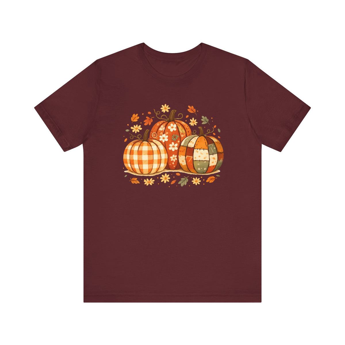 Plaid Patchwork Pumpkins T-Shirt | Fall Autumn Leaves Thanksgiving Tee