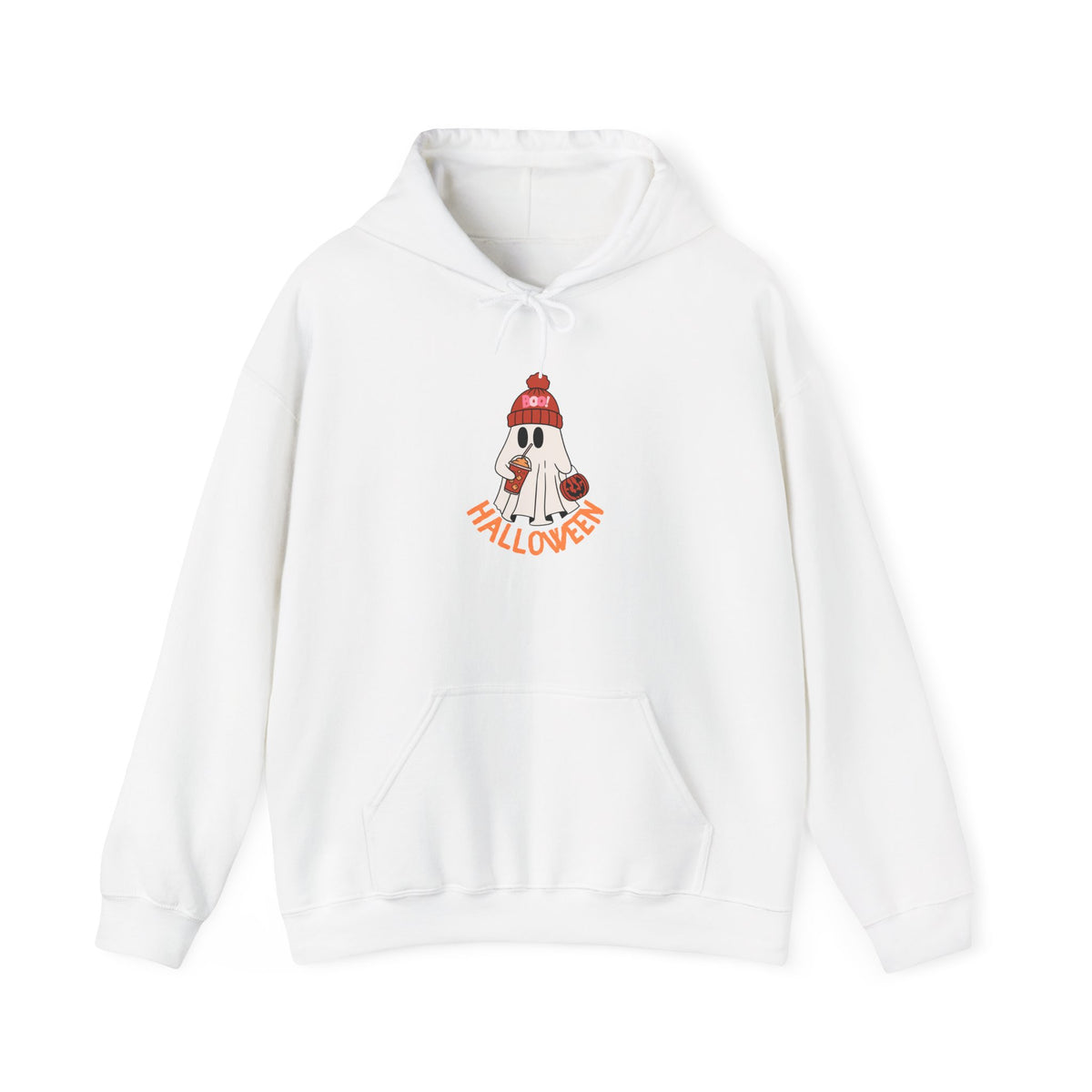 Cute Ghost in Beanie Halloween Hoodie | Retro Boo Cool coffee drinking trick or treat Pumpkin Design
