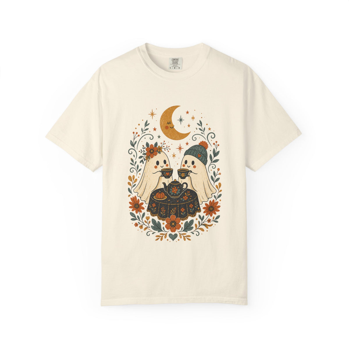Ghost Couple Fall Halloween Tea Party T-shirt | Cute Ghosts, Moon, Autumn Floral Illustration
