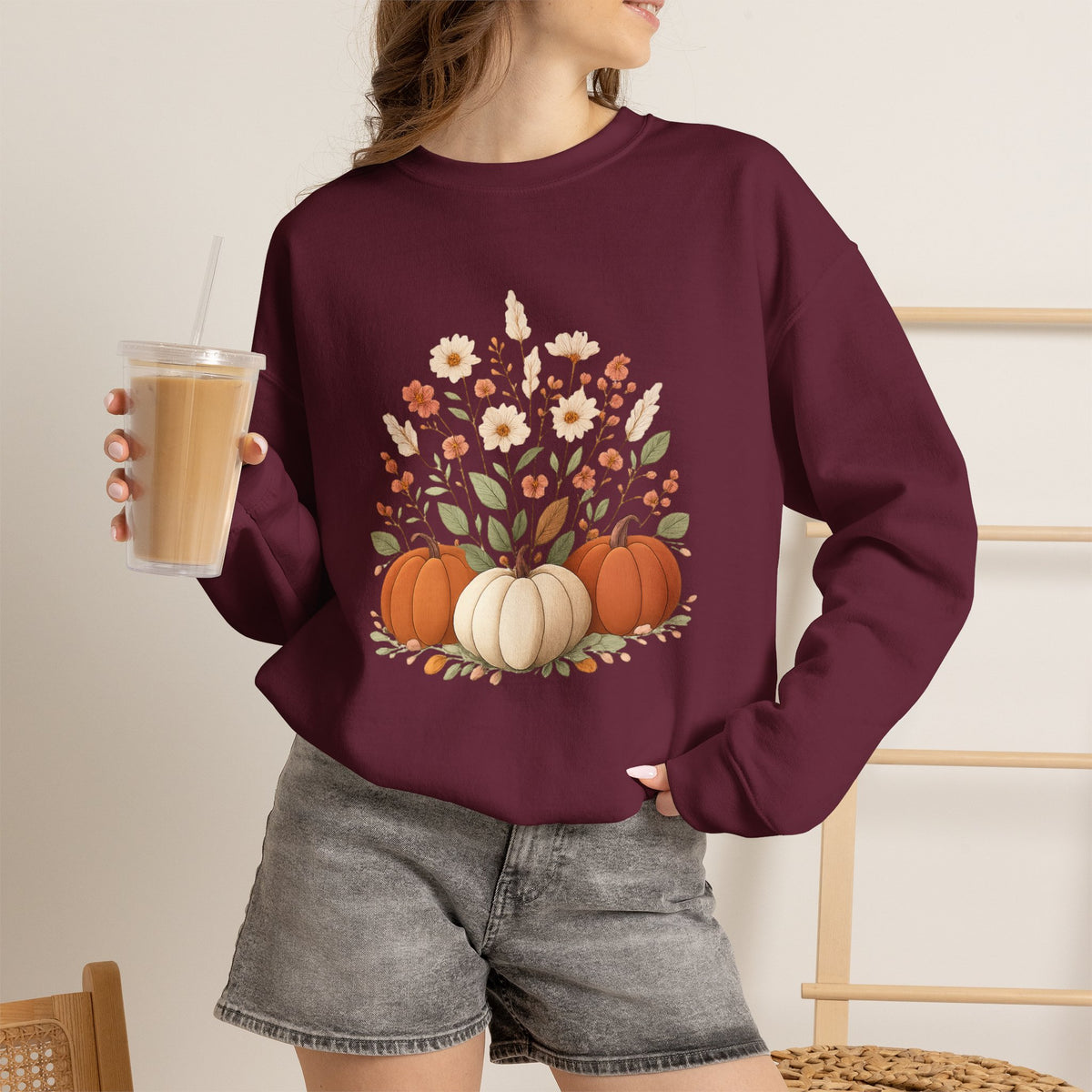 Autumn Floral Pumpkins Sweatshirt | Fall Harvest Pumpkin Crewneck