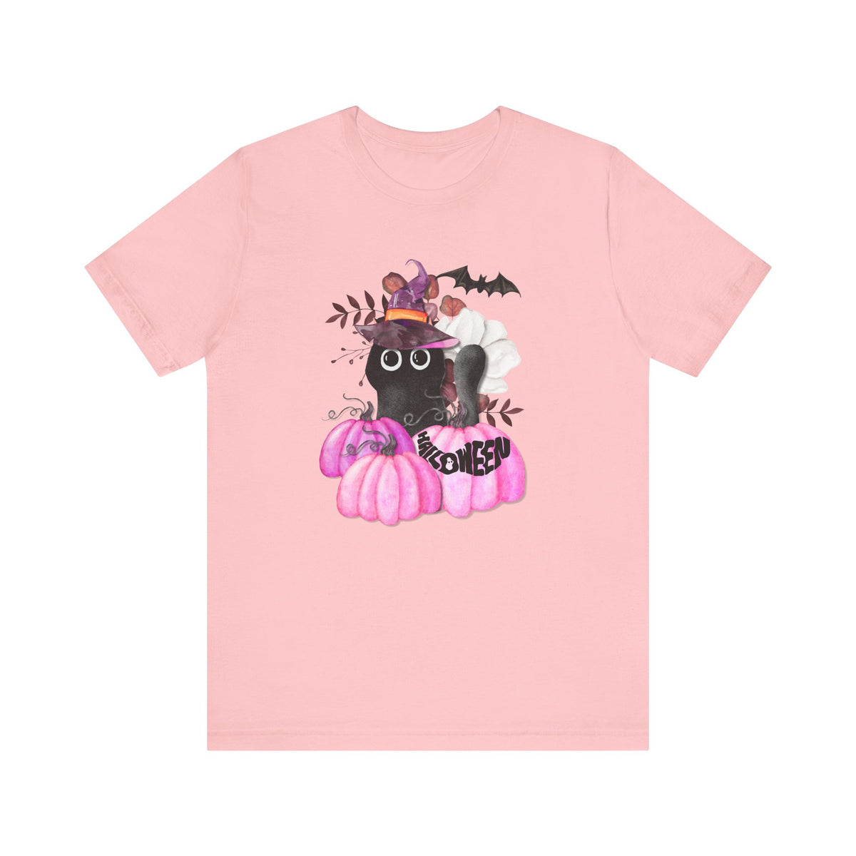 Black Cat Witch with Pink Pumpkins Tee | Halloween Cat Shirt