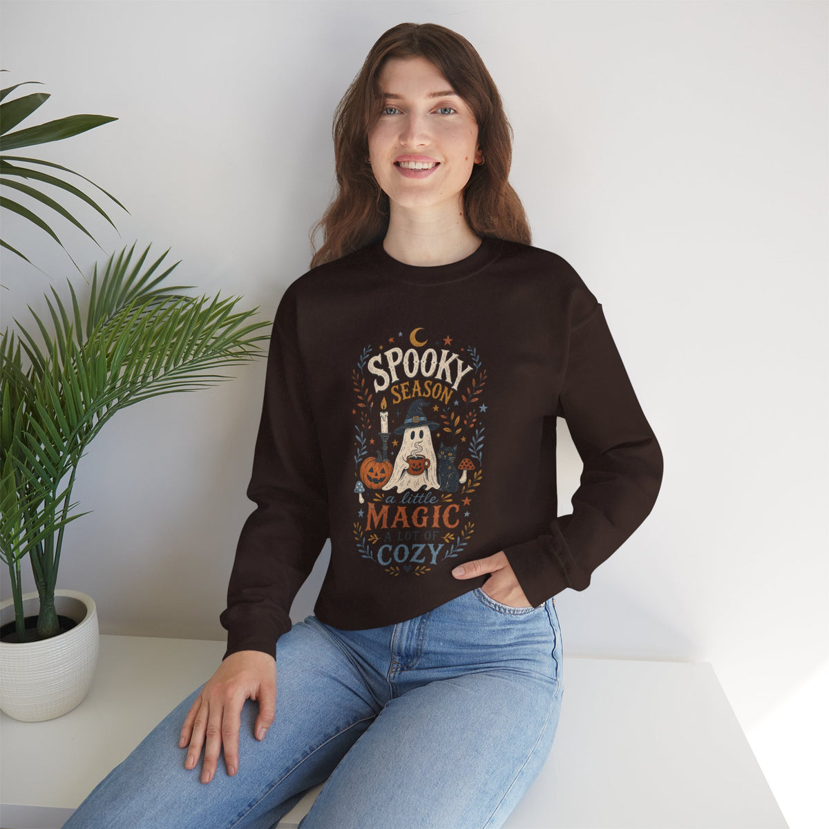 Spook Season Ghost with Witch Hat Cat Pumpkin Sweatshirt | Cozy Halloween Magic Autumn Botanicals